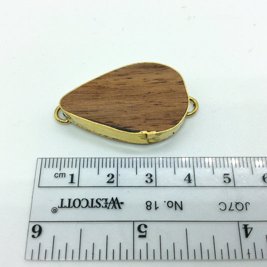 1.25" Natural Brown Wood Teardrop Shaped Gold Plated Bezel Connector - Measuring 20mm x 35mm - Sold Individually, Chosen at Random