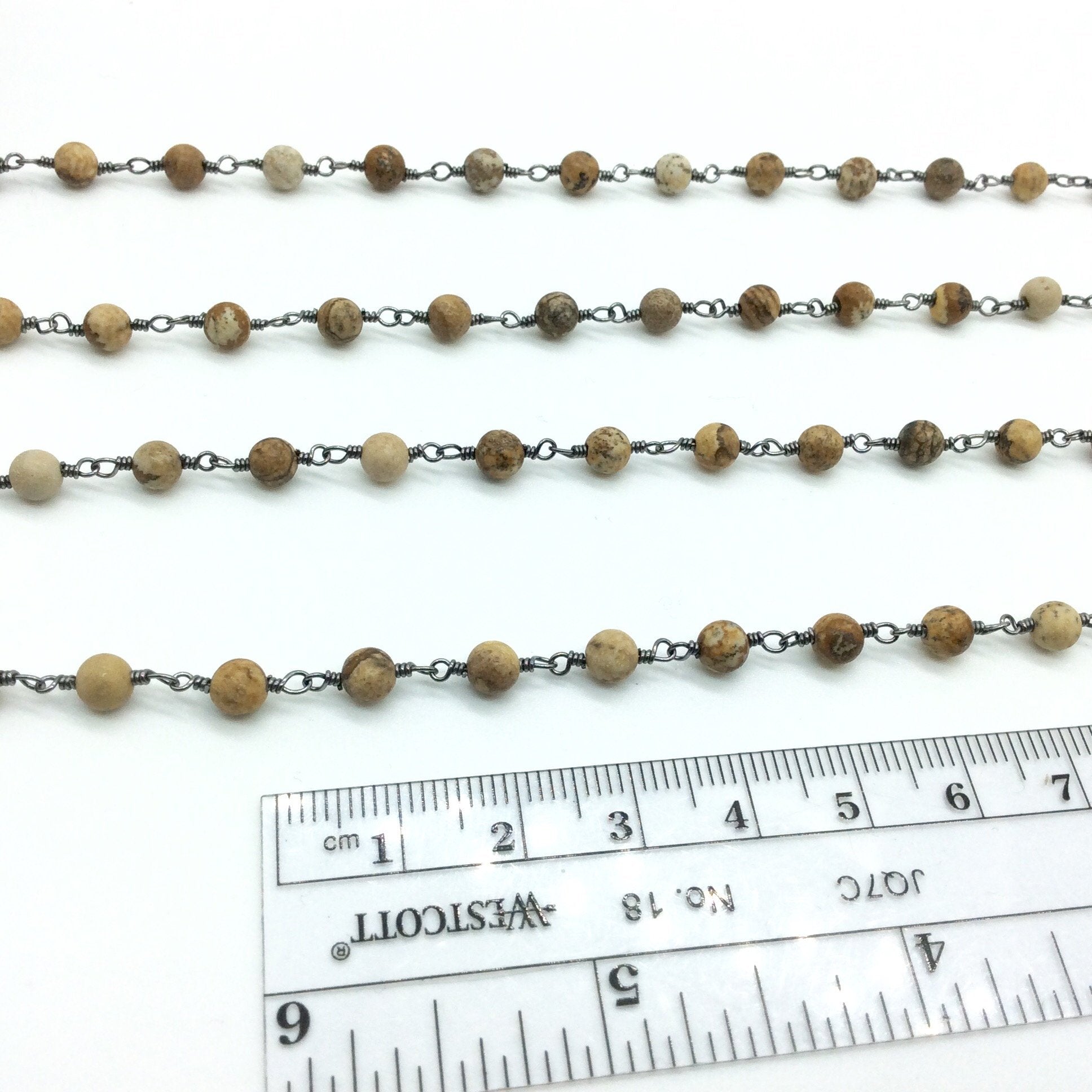 Gunmetal Plated Copper Rosary Chain with Smooth 4mm Round Shape Picture Jasper Beads - Sold by the Foot, or in Bulk! - Natural Beaded Chain
