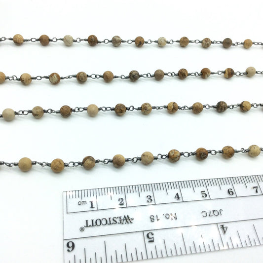 Gunmetal Plated Copper Rosary Chain with Smooth 4mm Round Shape Picture Jasper Beads - Sold by the Foot, or in Bulk! - Natural Beaded Chain