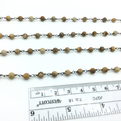 Gunmetal Plated Copper Rosary Chain with Smooth 4mm Round Shape Picture Jasper Beads - Sold by the Foot, or in Bulk! - Natural Beaded Chain