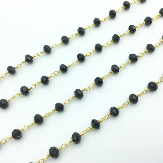Gold Plated Copper Rosary Chain with 6mm Faceted Black Glass Crystal Beads - Sold by the Foot, or in Bulk! - Beaded Chain