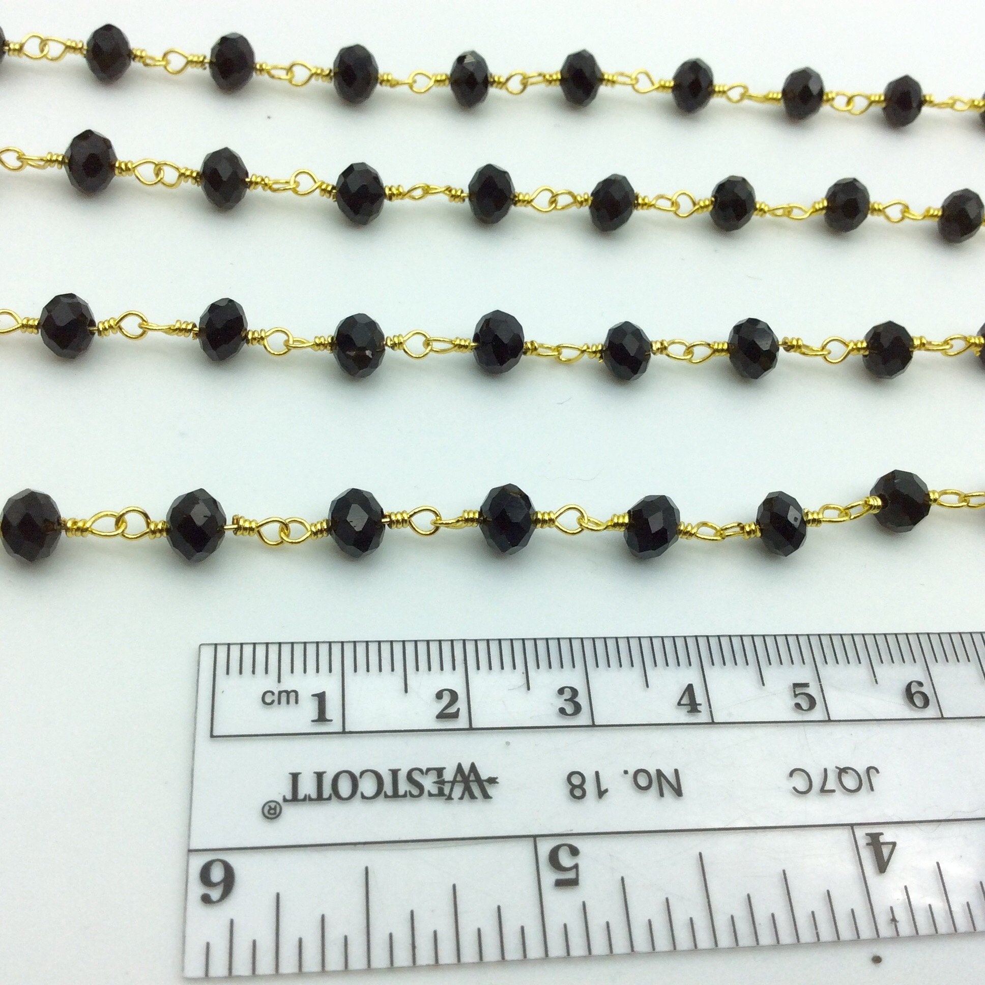 Gold Plated Copper Rosary Chain with 6mm Faceted Black Glass Crystal Beads - Sold by the Foot, or in Bulk! - Beaded Chain