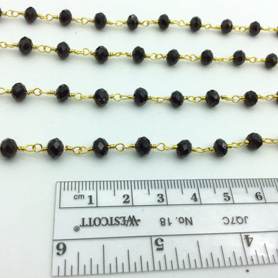 Gold Plated Copper Rosary Chain with 6mm Faceted Black Glass Crystal Beads - Sold by the Foot, or in Bulk! - Beaded Chain