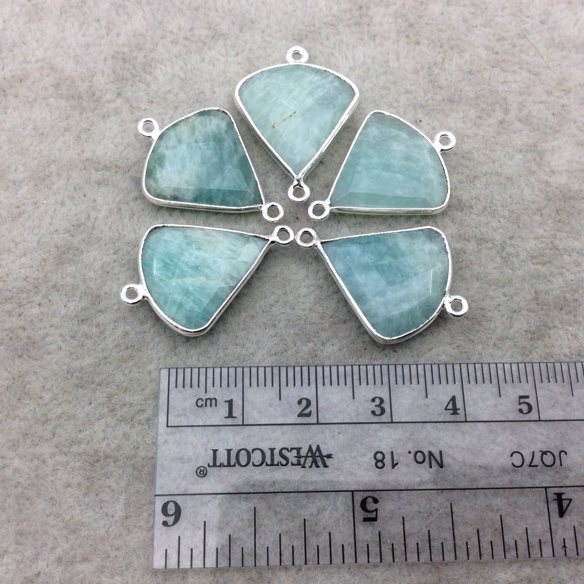 Silver Finish Faceted Green Amazonite Fan Shape Bezel - Plated Copper Connector Component ~ 18mm x 18mm - Sold Individually