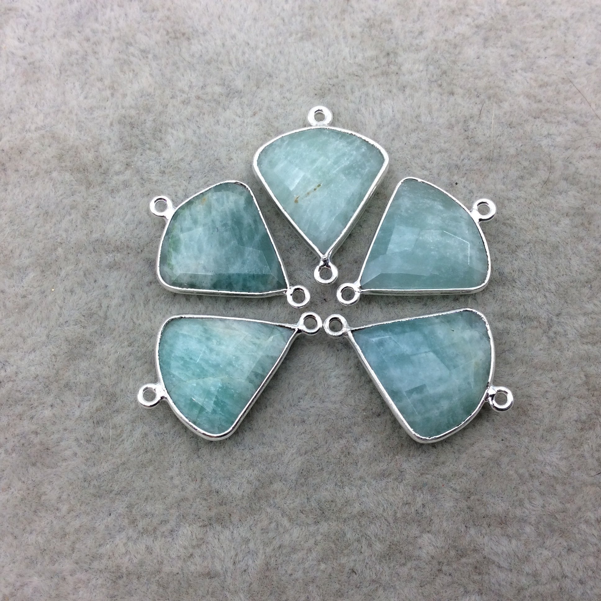 Silver Finish Faceted Green Amazonite Fan Shape Bezel - Plated Copper Connector Component ~ 18mm x 18mm - Sold Individually