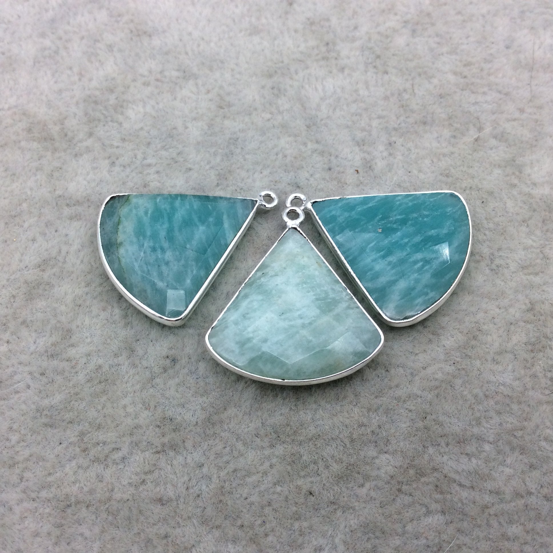Silver Finish Faceted Green Amazonite Fan Shape Bezel - Plated Copper Pendant Component ~ 22mm x 22mm - Sold Individually