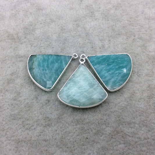 Silver Finish Faceted Green Amazonite Fan Shape Bezel - Plated Copper Pendant Component ~ 22mm x 22mm - Sold Individually