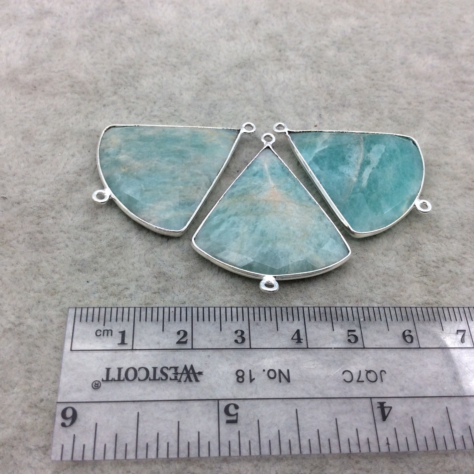 Silver Finish Faceted Green Amazonite Fan Shape Bezel - Plated Copper Connector Component ~ 30mm x 30mm - Sold Individually