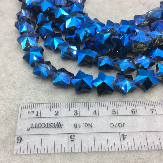 13mm x 13mm Glossy Faceted Transparent/Metallic Blue  Crystal Glass Star Shaped Beads - Sold By 12" Strands (~ 26 Beads)