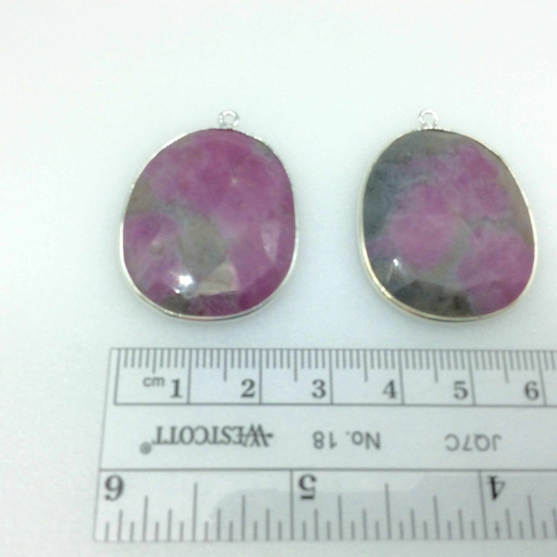 One Pair of OOAK Silver Finish Faceted Ruby in Feldspar Freeform Shaped Bezel Pendants "SD"- Measuring 26mm x 32mm - Natural Gemstone