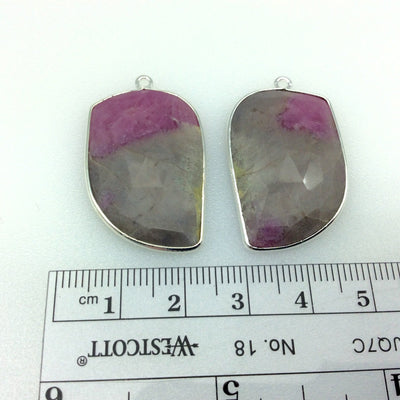One Pair of OOAK Silver Finish Faceted Ruby in Feldspar Freeform Shaped Bezel Pendants "SG"- Measuring 20mm x 30mm - Natural Gemstone