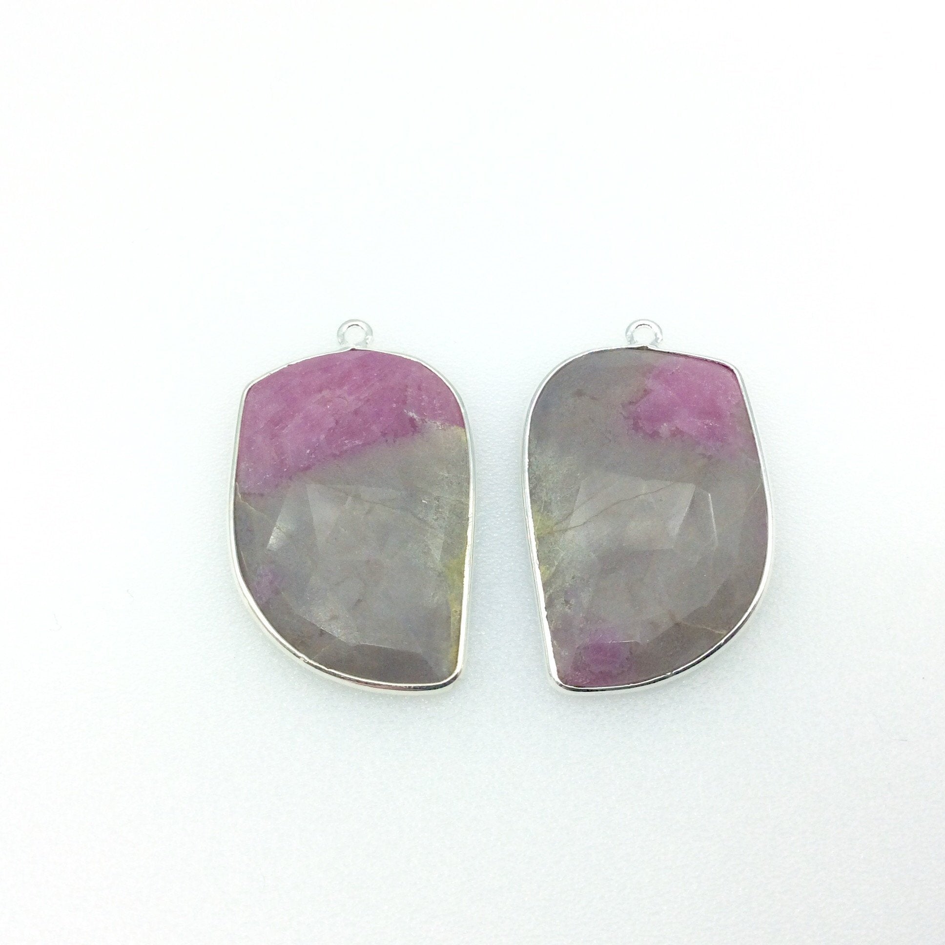 One Pair of OOAK Silver Finish Faceted Ruby in Feldspar Freeform Shaped Bezel Pendants "SG"- Measuring 20mm x 30mm - Natural Gemstone