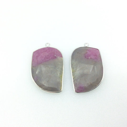 One Pair of OOAK Silver Finish Faceted Ruby in Feldspar Freeform Shaped Bezel Pendants "SG"- Measuring 20mm x 30mm - Natural Gemstone