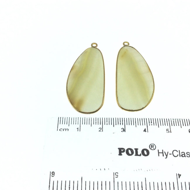 One Pair of OOAK Gold Finish Faceted Yellow Banded Agate Freeform Shaped Bezel Pendants "GC"- Measuring 18mm x 36mm - Natural Gemstone
