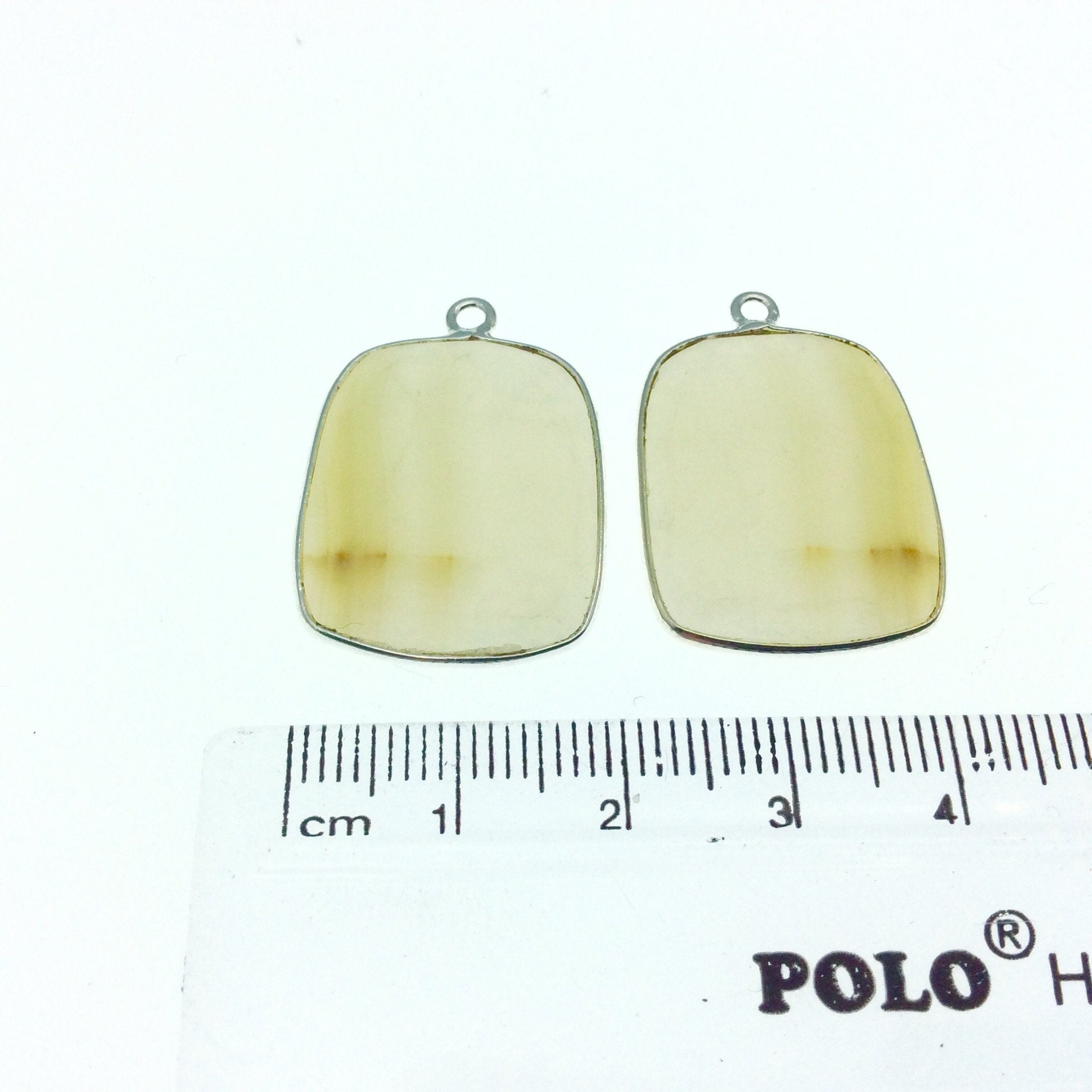 One Pair of OOAK Silver Finish Faceted Yellow Banded Agate Freeform Shaped Bezel Pendants "SF"- Measuring 19mm x 23mm - Natural Gemstone