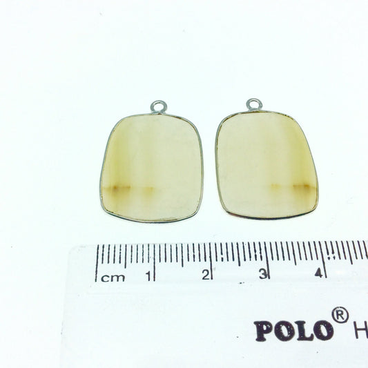 One Pair of OOAK Silver Finish Faceted Yellow Banded Agate Freeform Shaped Bezel Pendants "SF"- Measuring 19mm x 23mm - Natural Gemstone