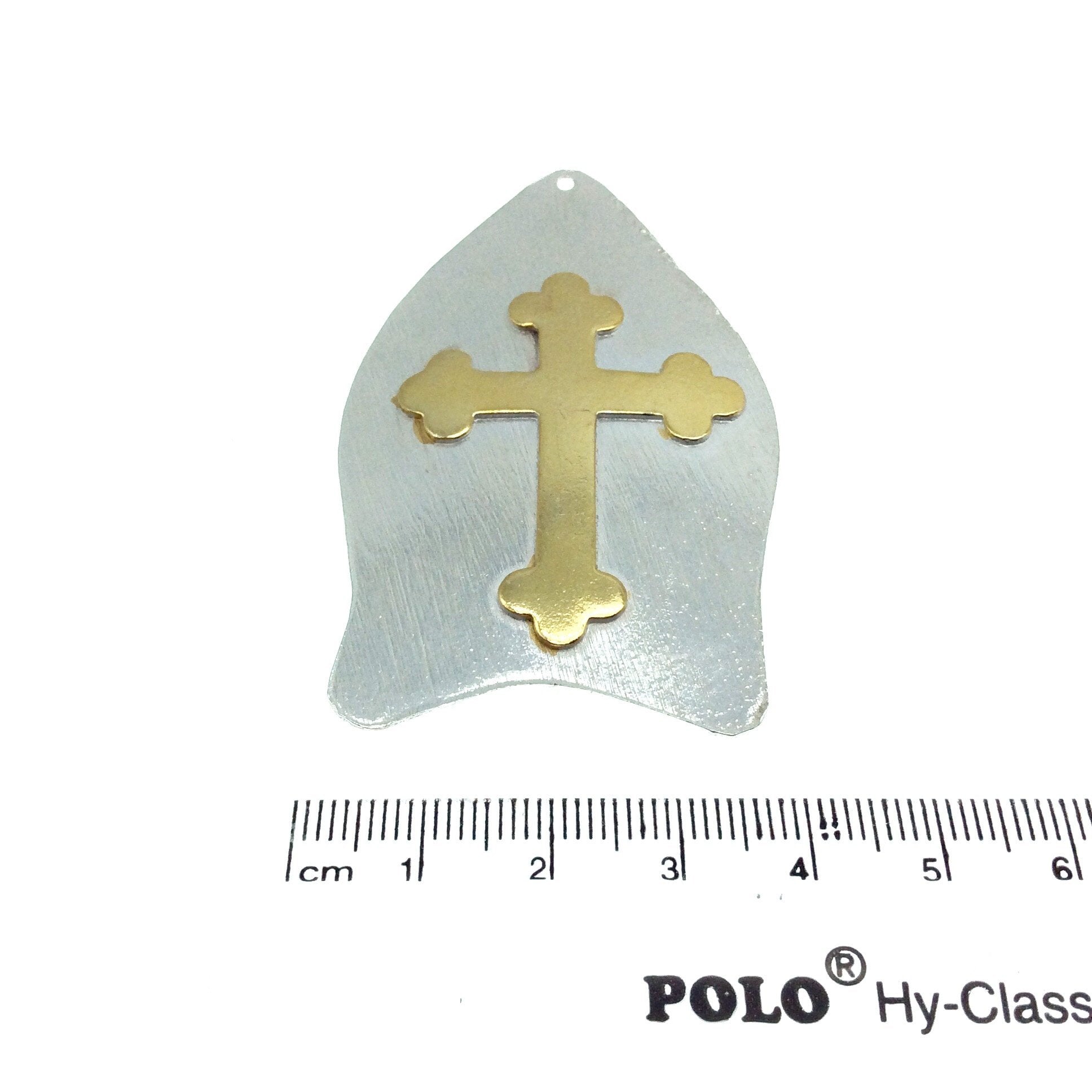 OOAK Rustic Shield Pendant - Silver Plated Abstract Shape with Gold Plated Cross Embellishment - Measuring 40mm x 61mm