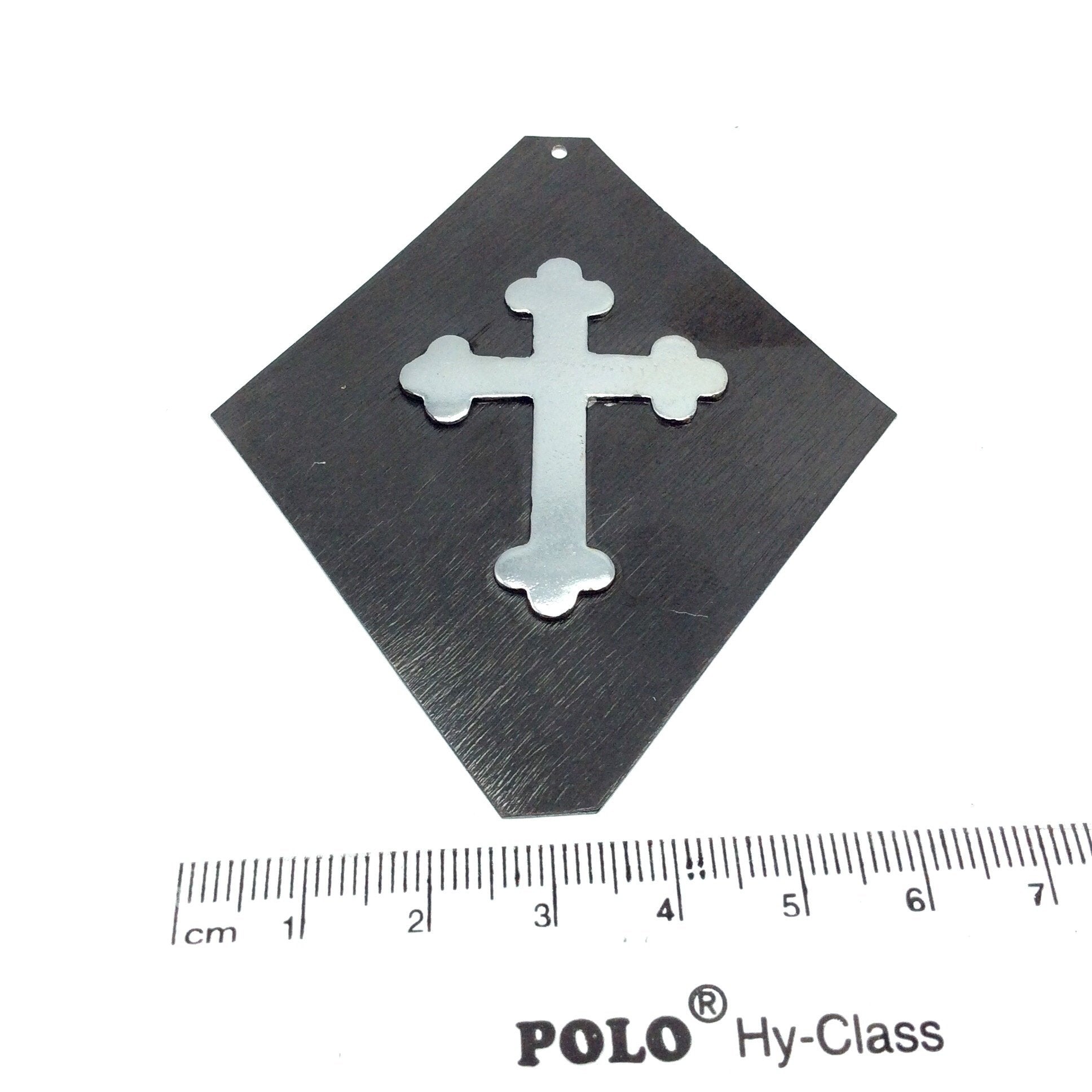OOAK Rustic Shield Pendant - Gunmetal Plated Kite Shape with Silver Plated Cross Embellishment - Measuring 66mm x 79mm