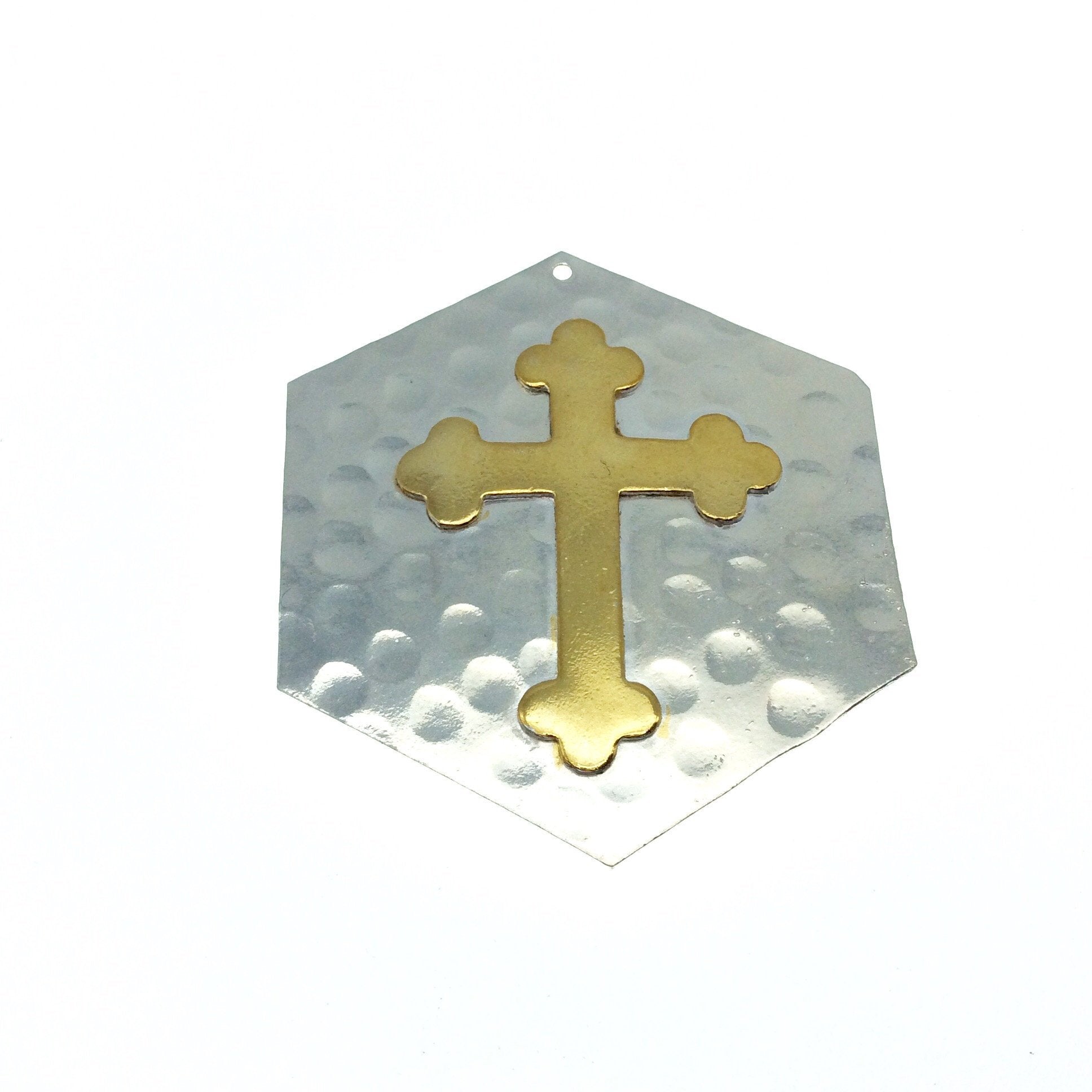 OOAK Rustic Shield Pendant - Silver Plated Hammered Hexagon Shape with Gold Plated Cross Embellishment - Measuring 50mm x 52mm
