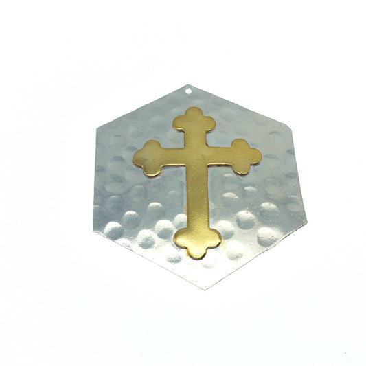 OOAK Rustic Shield Pendant - Silver Plated Hammered Hexagon Shape with Gold Plated Cross Embellishment - Measuring 50mm x 52mm