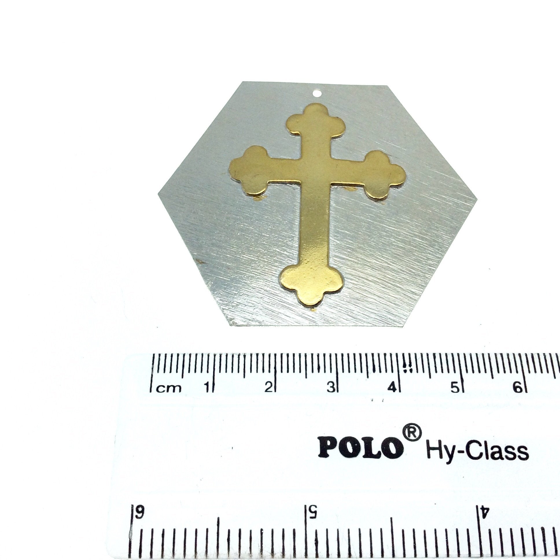 OOAK Rustic Shield Pendant - Silver Plated Hexagon Shape with Gold Plated Cross Embellishment - Measuring 51mm x 58mm