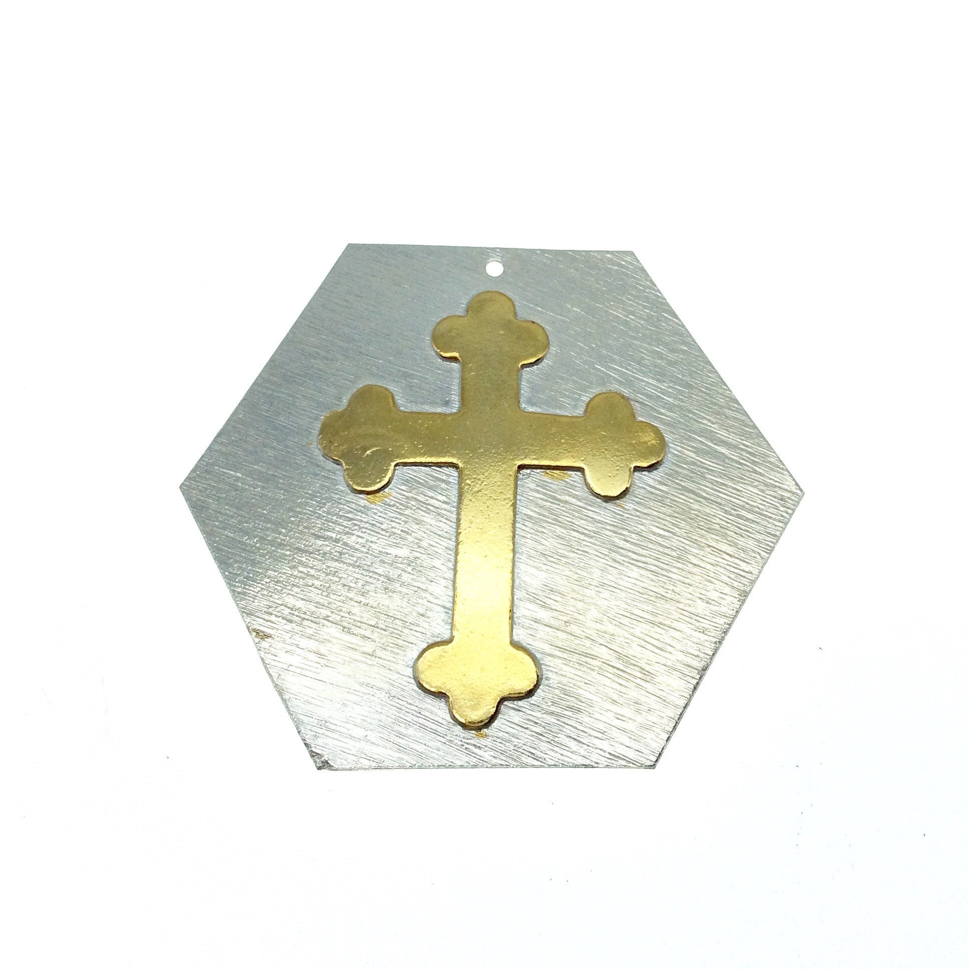 OOAK Rustic Shield Pendant - Silver Plated Hexagon Shape with Gold Plated Cross Embellishment - Measuring 51mm x 58mm