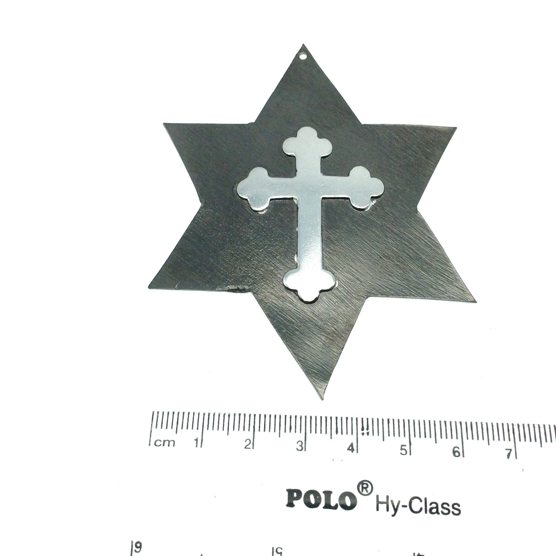 OOAK Rustic Shield Pendant - Gunmetal Plated Star Shape with Silver Plated Cross Embellishment - Measuring 61mm x 86mm