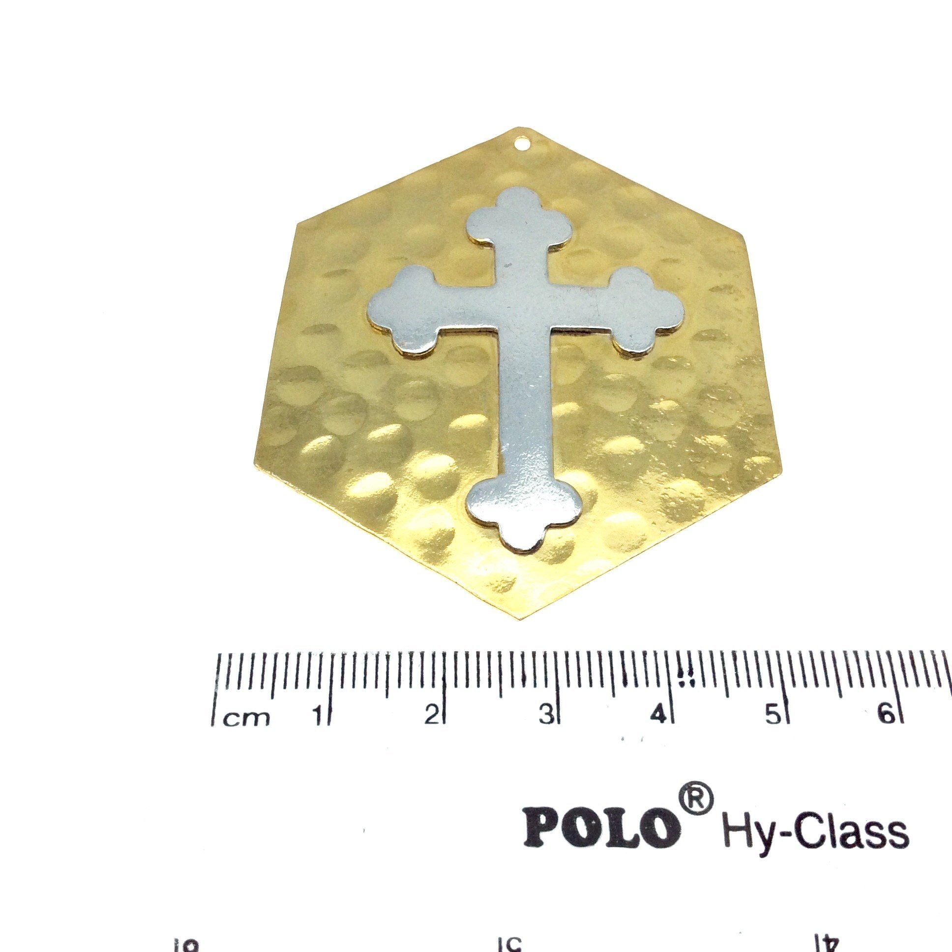 OOAK Rustic Shield Pendant - Gold Plated Hammered Hexagon Shape with Silver Plated Cross Embellishment - Measuring 49mm x 58mm