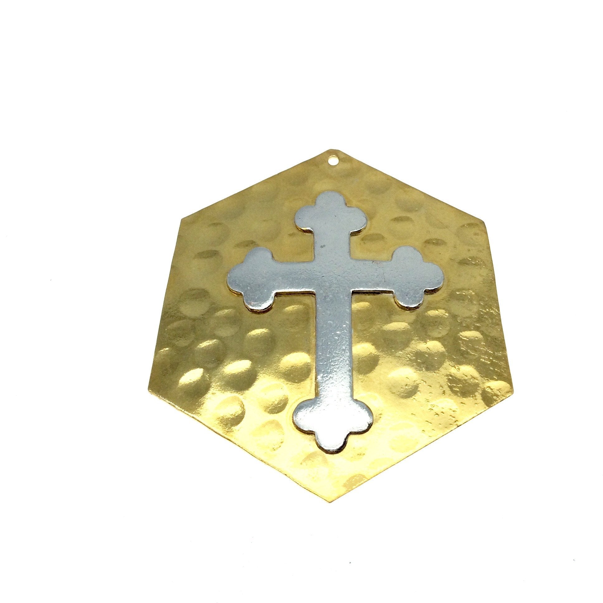 OOAK Rustic Shield Pendant - Gold Plated Hammered Hexagon Shape with Silver Plated Cross Embellishment - Measuring 49mm x 58mm