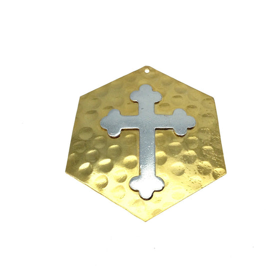 OOAK Rustic Shield Pendant - Gold Plated Hammered Hexagon Shape with Silver Plated Cross Embellishment - Measuring 49mm x 58mm
