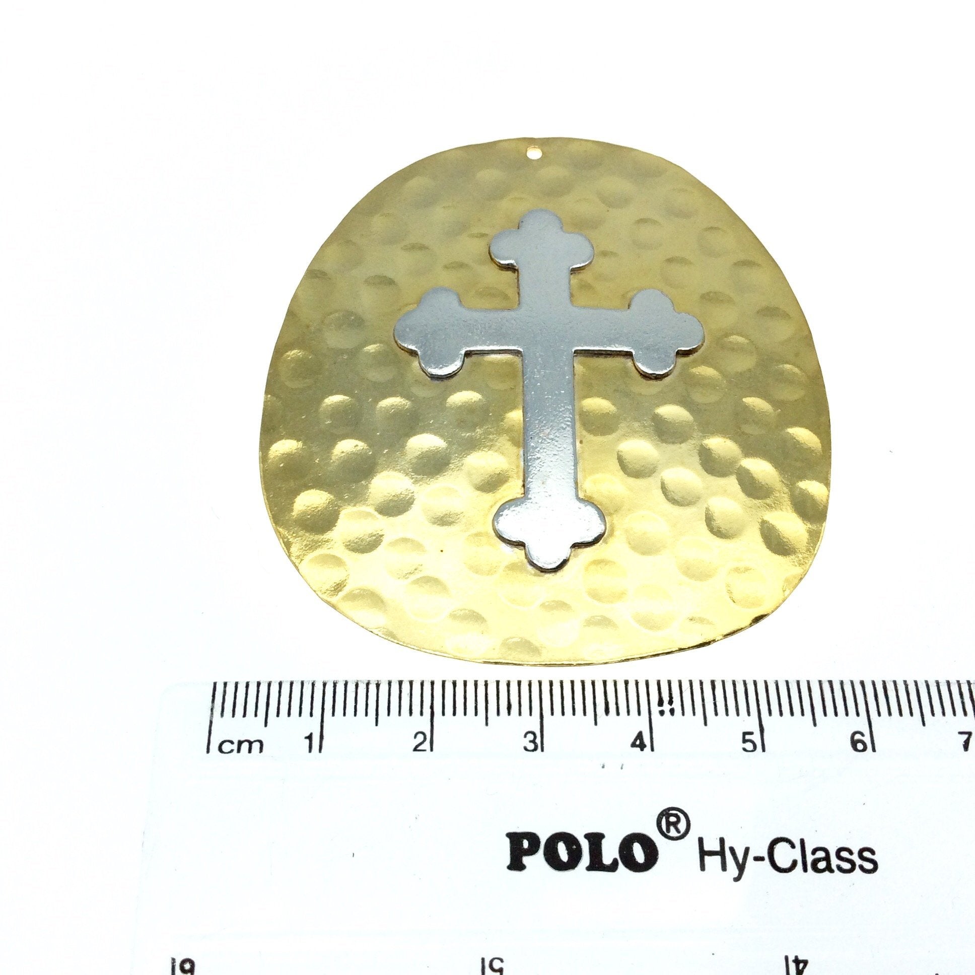 OOAK Rustic Shield Pendant - Gold Plated Hammered Freeform Circle Shape with Silver Plated Cross Embellishment - Measuring 56mm x 62mm