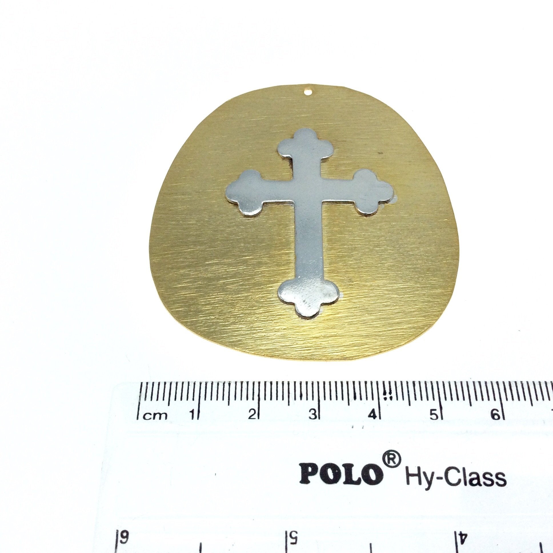 OOAK Rustic Shield Pendant - Gold Plated Freeform Circle Shape with Silver Plated Cross Embellishment - Measuring 56mm x 63mm