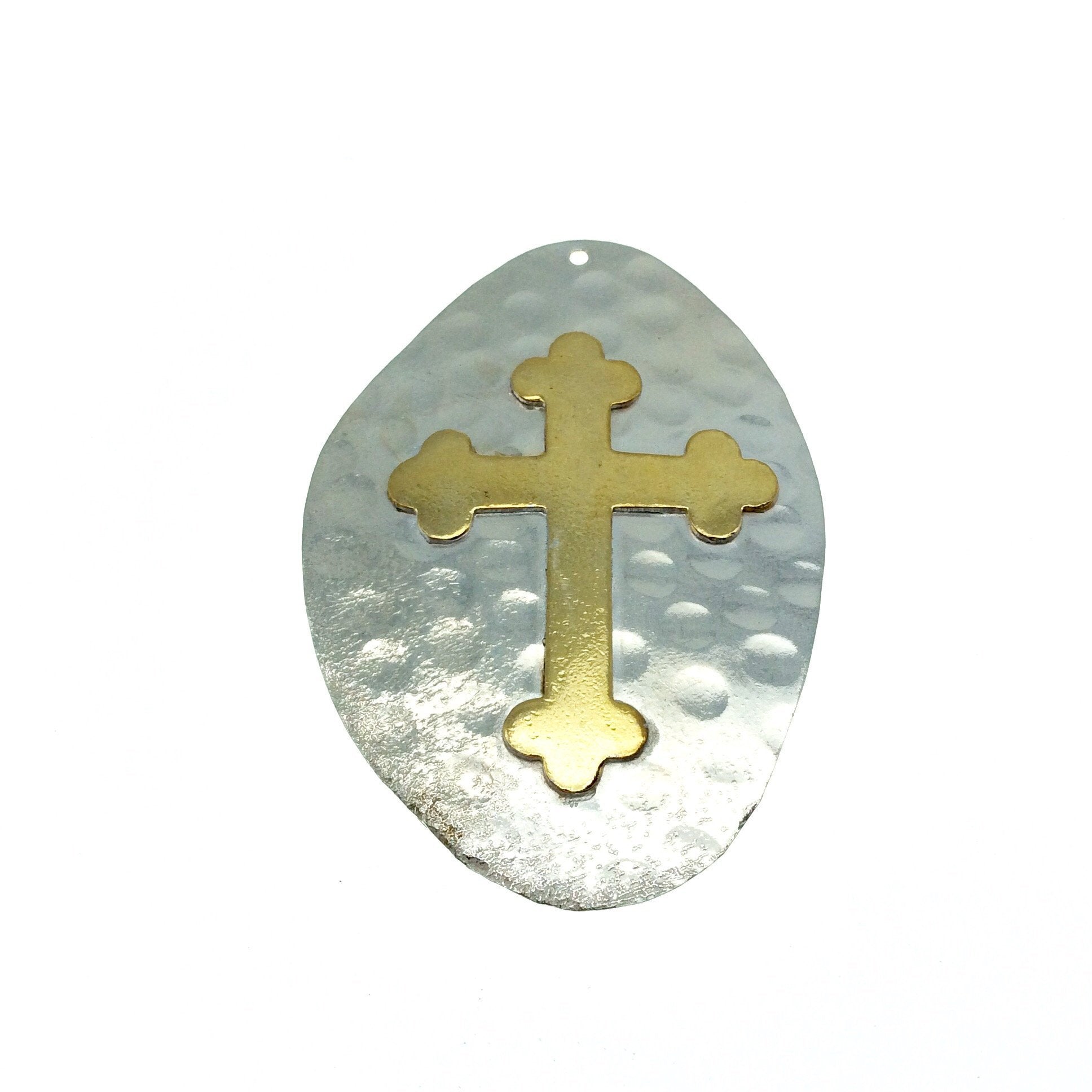 OOAK Rustic Shield Pendant - Silver Plated Hammered Freeform Oval Shape with Gold Plated Cross Embellishment - Measuring 42mm x 61mm