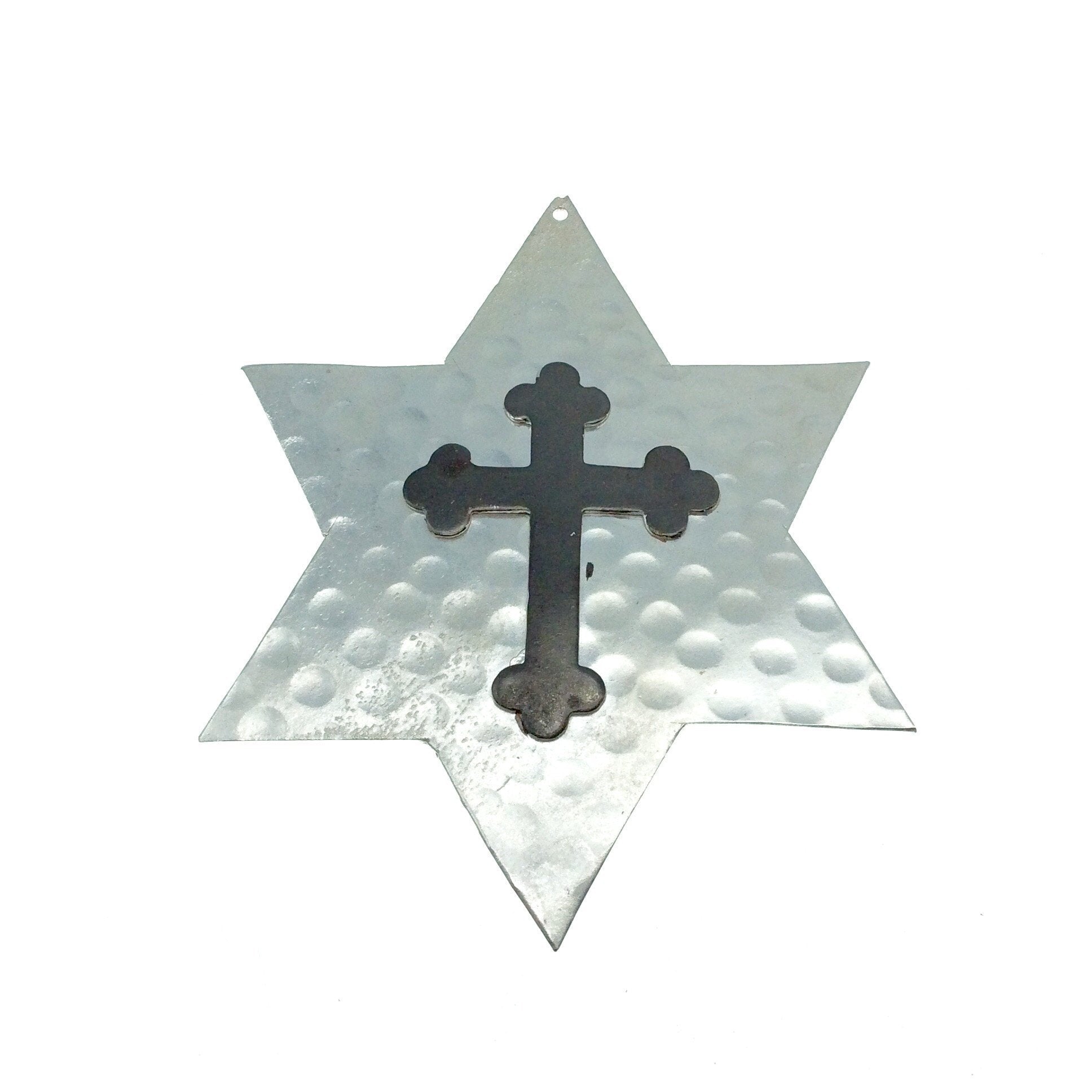 OOAK Rustic Shield Pendant - Silver Plated Hammered Star Shape with Gunmetal Plated Cross Embellishment - Measuring 67mm x 83mm