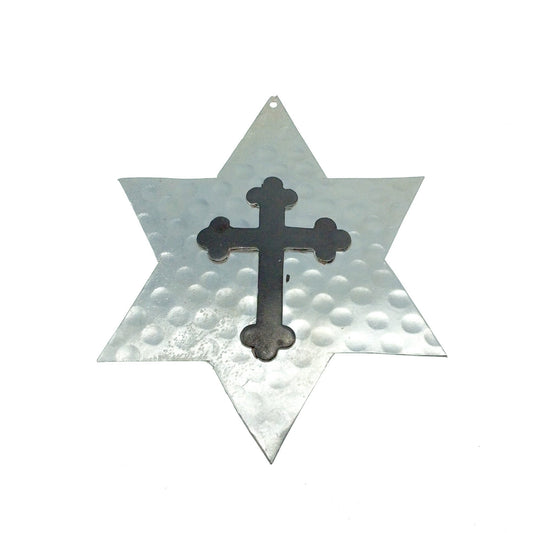 OOAK Rustic Shield Pendant - Silver Plated Hammered Star Shape with Gunmetal Plated Cross Embellishment - Measuring 67mm x 83mm