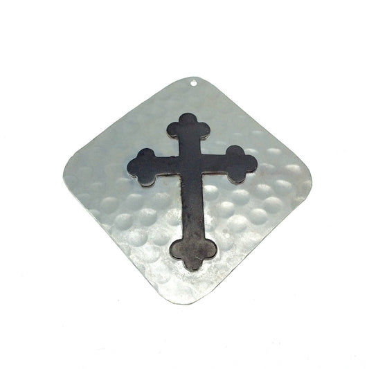 OOAK Rustic Shield Pendant - Silver Plated Hammered Freeform Diamond Shape with Gunmetal Plated Cross Embellishment - Measuring 61mm x 62mm