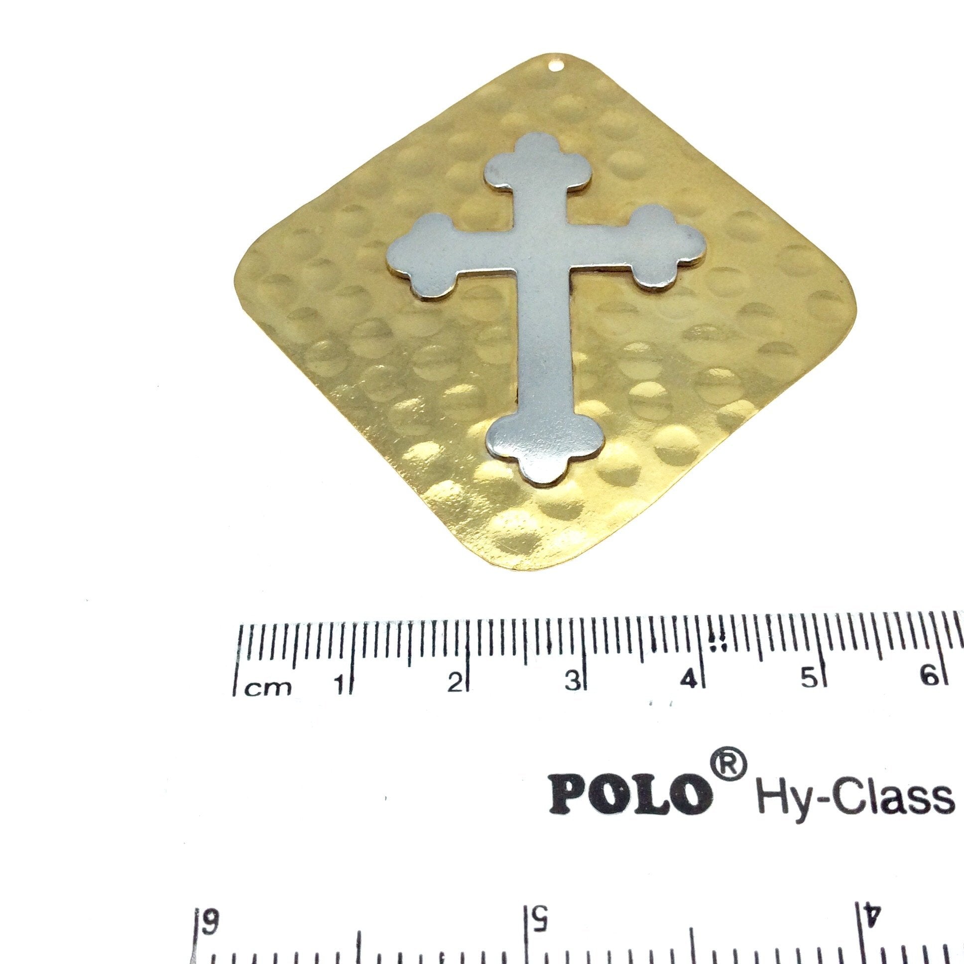 OOAK Rustic Shield Pendant - Gold Plated Hammered Freeform Diamond Shape with Silver Plated Cross Embellishment - Measuring 61mm x 63mm