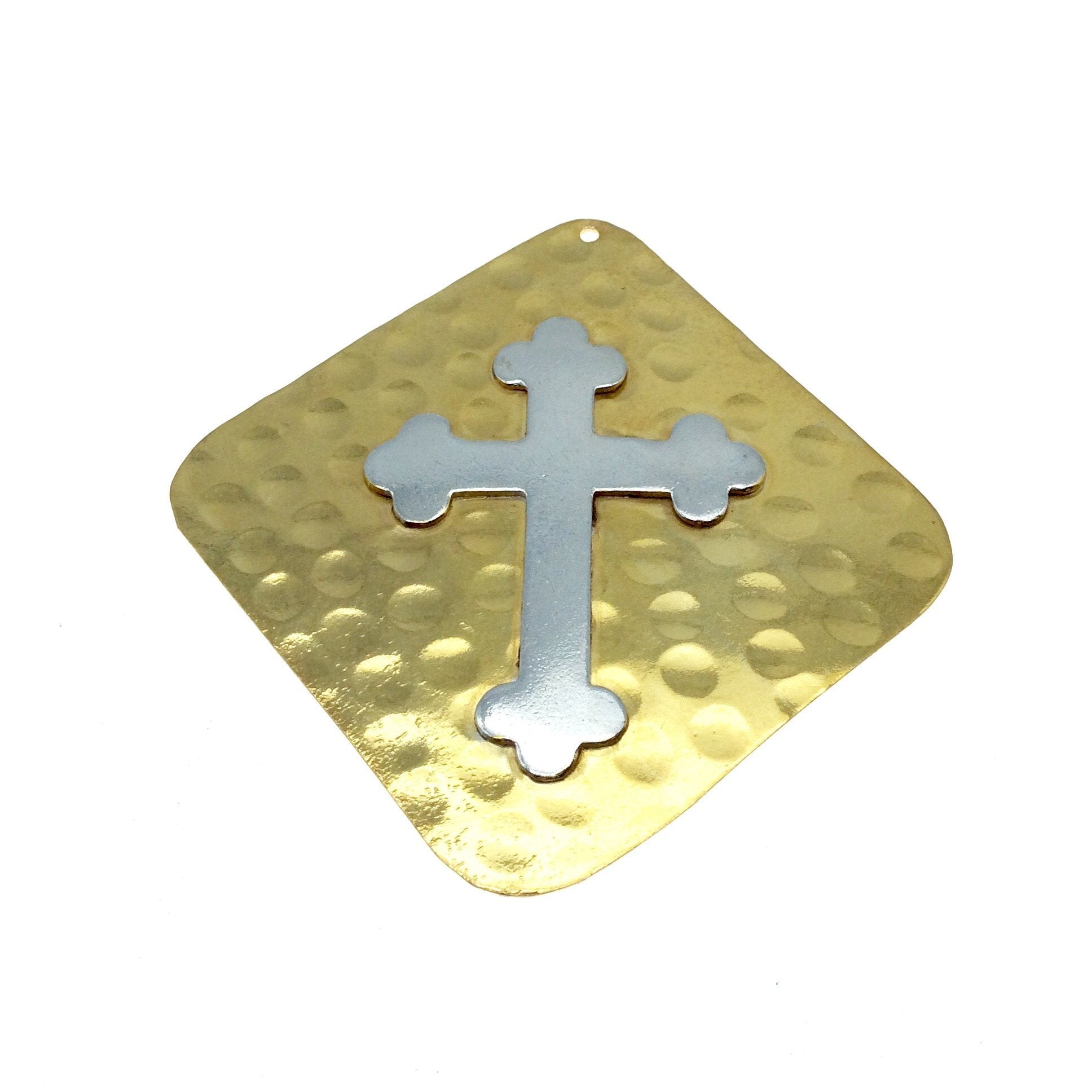 OOAK Rustic Shield Pendant - Gold Plated Hammered Freeform Diamond Shape with Silver Plated Cross Embellishment - Measuring 61mm x 63mm
