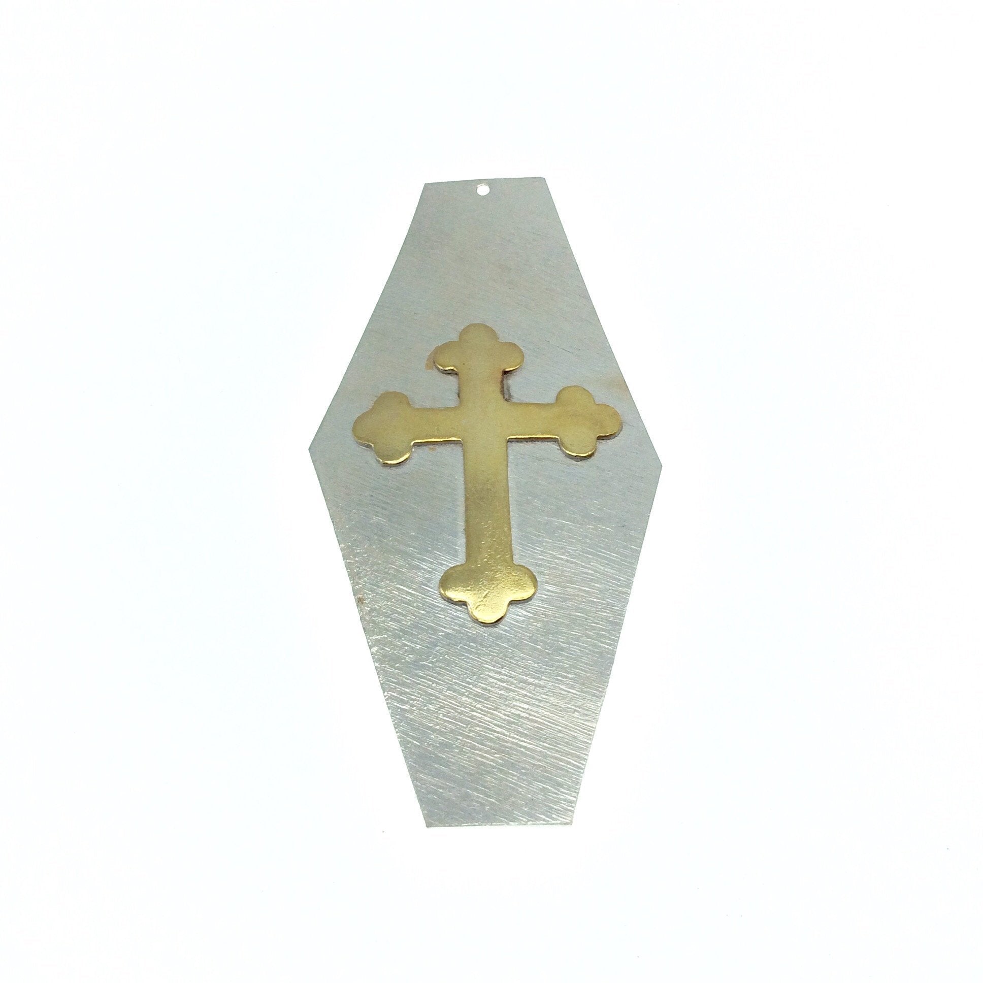 OOAK Rustic Shield Pendant - Silver Plated Long Hexagon Shape with Gold Plated Cross Embellishment - Measuring 42mm x 90mm