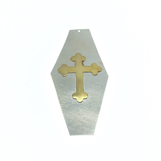 OOAK Rustic Shield Pendant - Silver Plated Long Hexagon Shape with Gold Plated Cross Embellishment - Measuring 42mm x 90mm