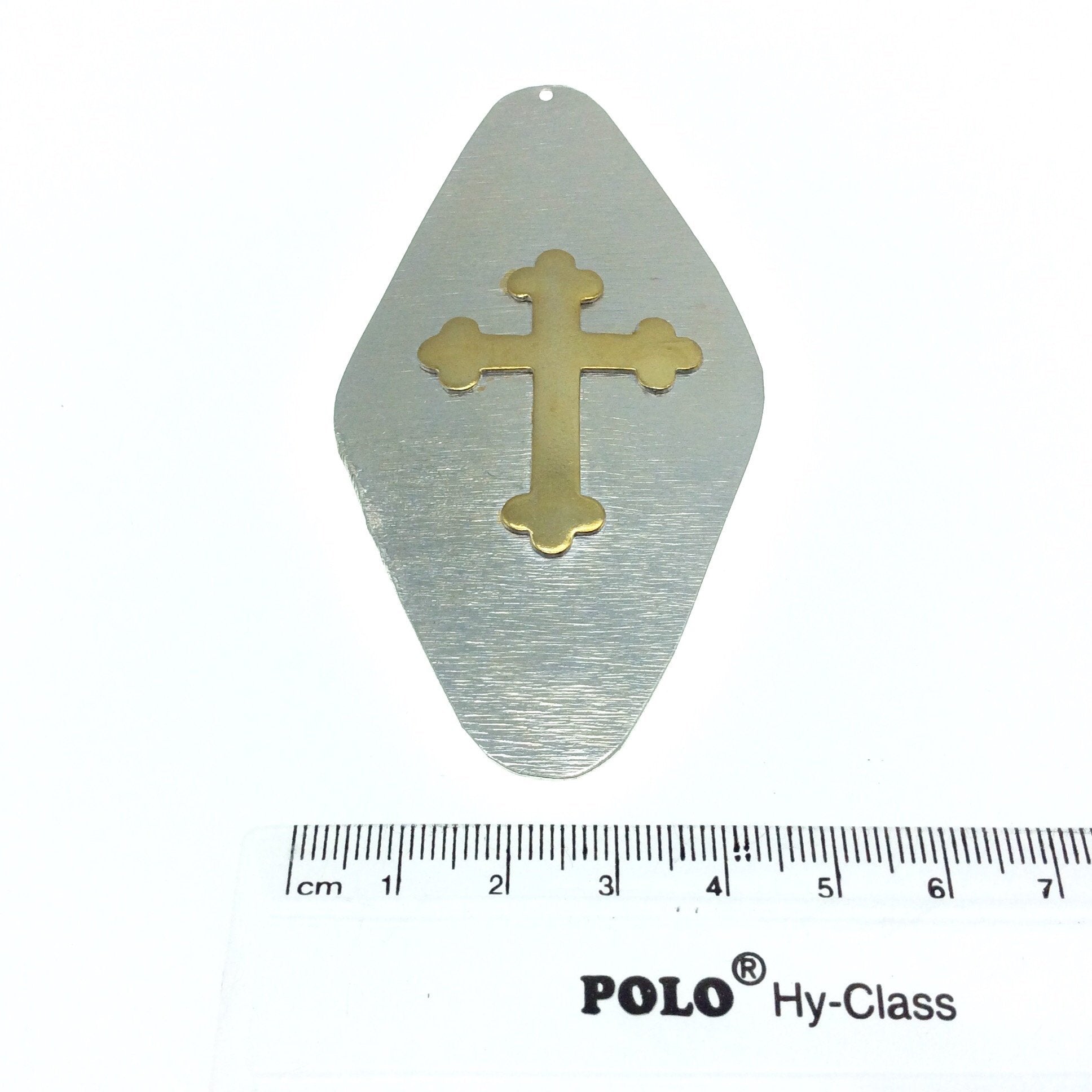 OOAK Rustic Shield Pendant - Silver Plated Rounded Abstract Diamond Shape with Gold Plated Cross Embellishment - Measuring 48mm x 95mm