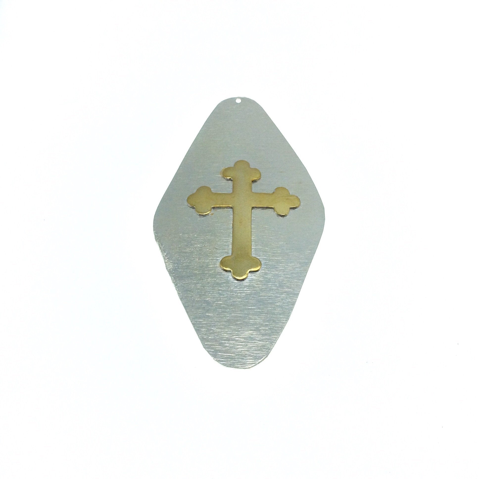 OOAK Rustic Shield Pendant - Silver Plated Rounded Abstract Diamond Shape with Gold Plated Cross Embellishment - Measuring 48mm x 95mm