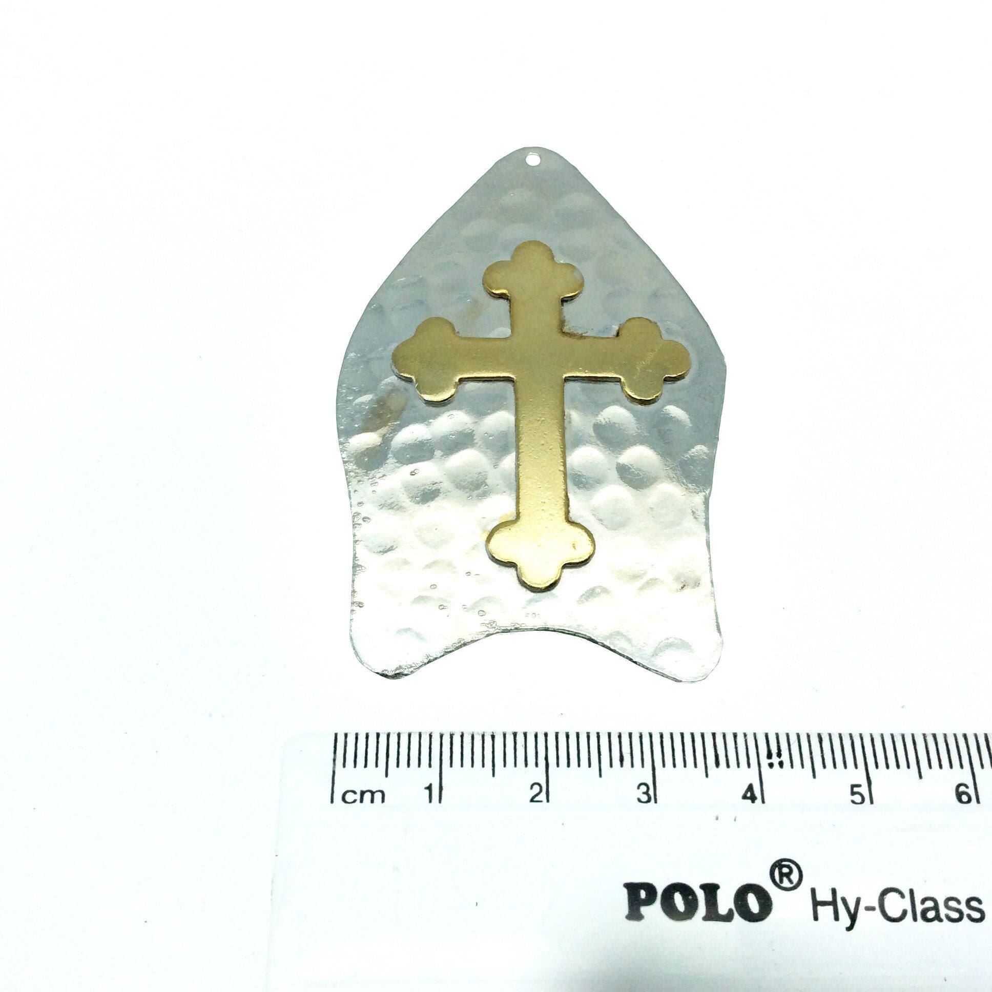 OOAK Rustic Shield Pendant - Silver Plated Hammered Abstract Shape with Gold Plated Cross Embellishment - Measuring 40mm x 61mm