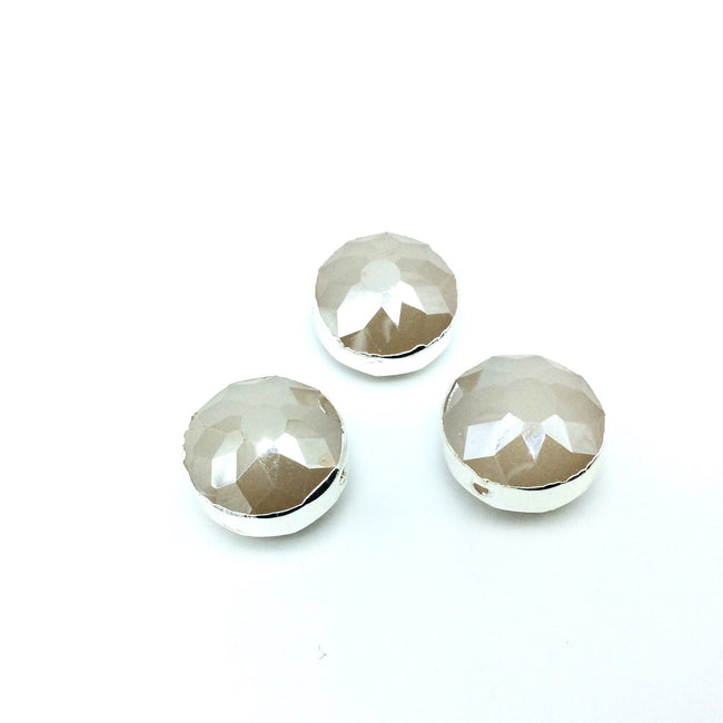 Silver Electroplated Faceted Translucent Beige Crystal Round/Coin Shaped Bead - 14mm - Sold Individually, At Random - High Quality Crystal