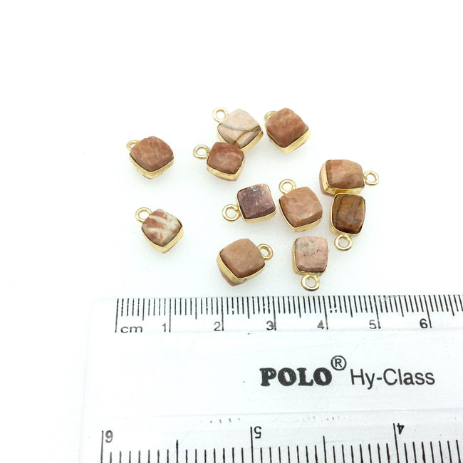 Gold Finish Faceted Rhodochrosite Cube/Square Shape Plated Copper Bezel Charm/Drop - Measures 7-8mm - Natural Gemstone - Sold Individually