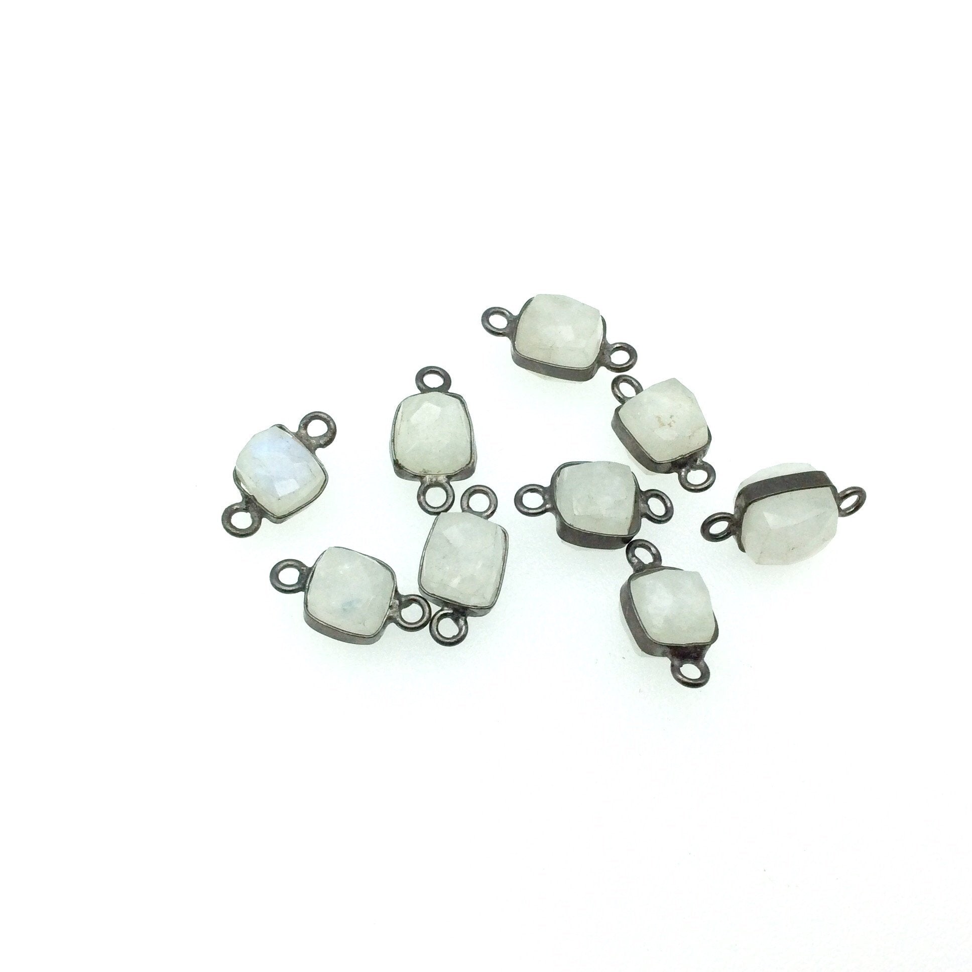 Gunmetal Finish Faceted Natural Gray Moonstone Cube/Square Shape Plated Copper Bezel Connector - Approx. 8-10mm -  Sold Individually, Random