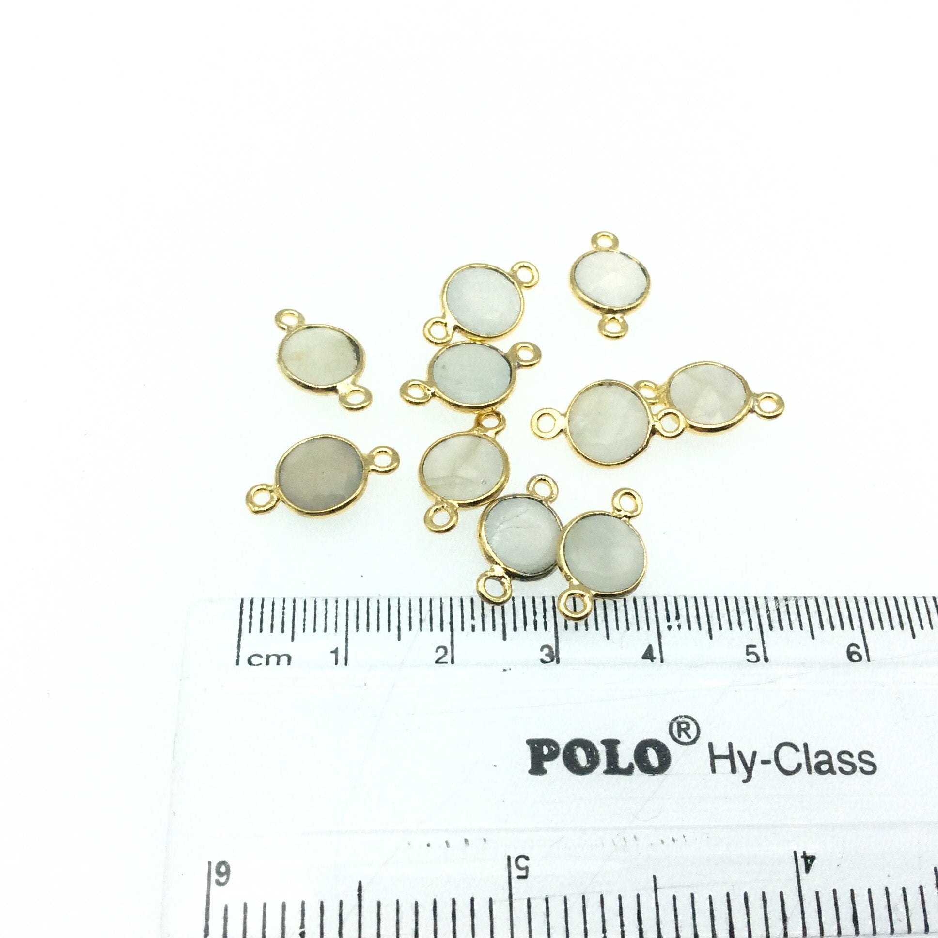 Gold Plated Natural Gray Moonstone  Faceted Round/Coin Shaped Copper Bezel Connector -  Measures 8mm x 8mm - Sold Individually, Random