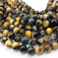 12mm Smooth Natural Gold/Blue Tiger's Eye Round/Ball Shape Beads W 1mm Holes - Sold by 15.5" Strands (Approx. 33 Beads) - Quality Gemstone