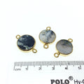 Small Sized Gold Plated Natural Flat Dendritic Opal Round Shaped Connector - 12mm - 15mm  Approx. - Sold Per Each, Selected at Random