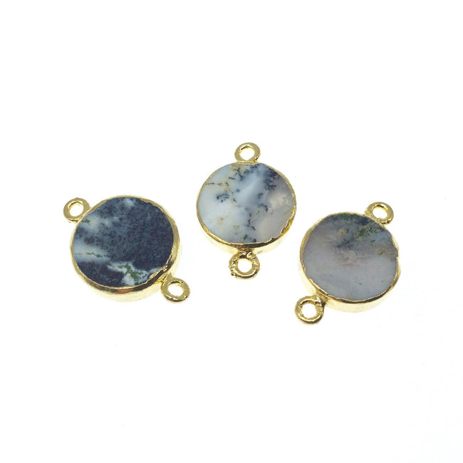 Small Sized Gold Plated Natural Flat Dendritic Opal Round Shaped Connector - 12mm - 15mm  Approx. - Sold Per Each, Selected at Random